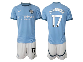 Manchester City F.C. 2024/25 Home Light Blue Soccer Jersey with #17 De Bruyne Printing